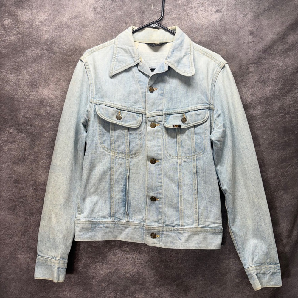 Vintage 70s Jean Denim Trucker Jacket Mens XS S Light Wash Faded Distressed